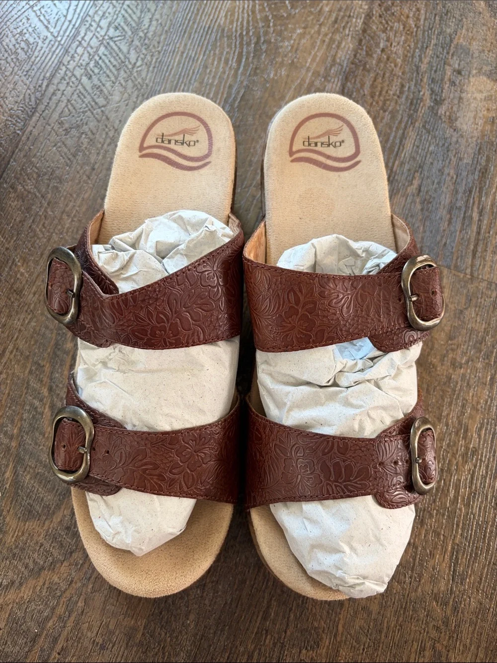Dansko Sofie Slide Sandal, Double strap, Embossed Brown Size 40 (9.5-10)